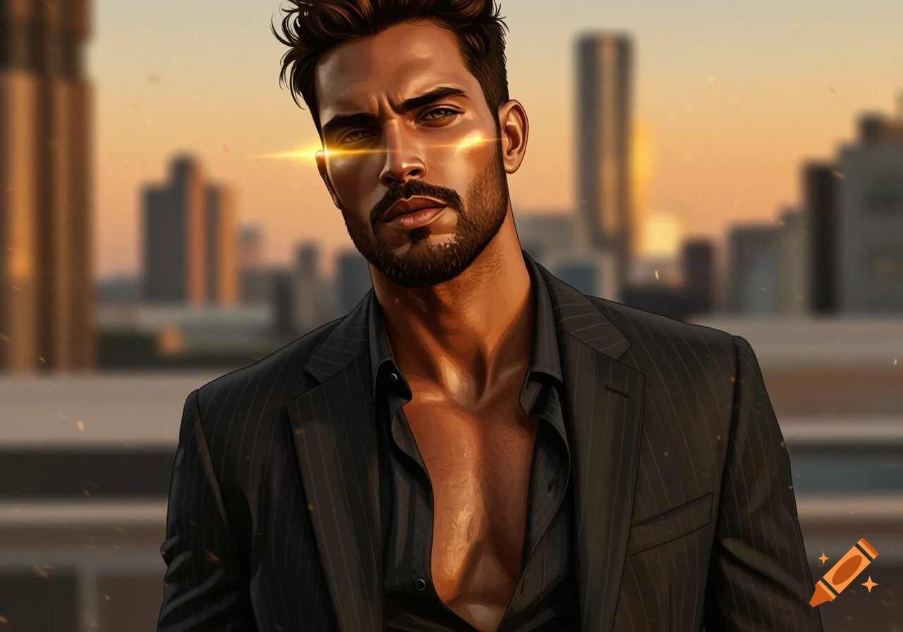 Stylized portrait of a bearded, muscular man in an open suit jacket against a blurred cityscape at sunset.