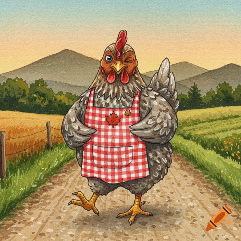 A watercolor illustration of a friendly winking chicken in a red and white checkered apron with a maple leaf, walking on a dirt road with mountains in the background.