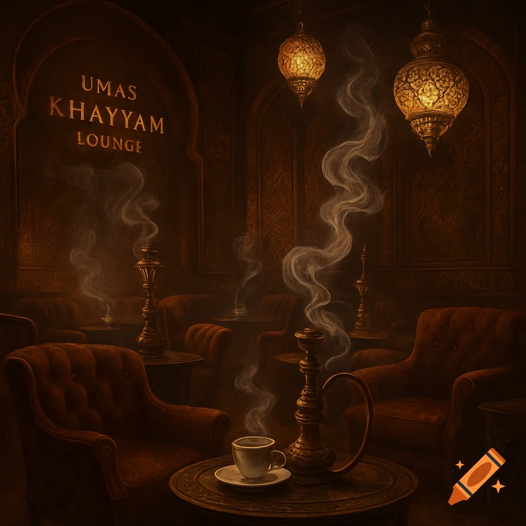 A dimly lit, ornate lounge with plush chairs, hookahs with curling smoke, a coffee cup, and hanging lanterns. Text on wall: 'UMAS KHAYYAM LOUNGE'.
