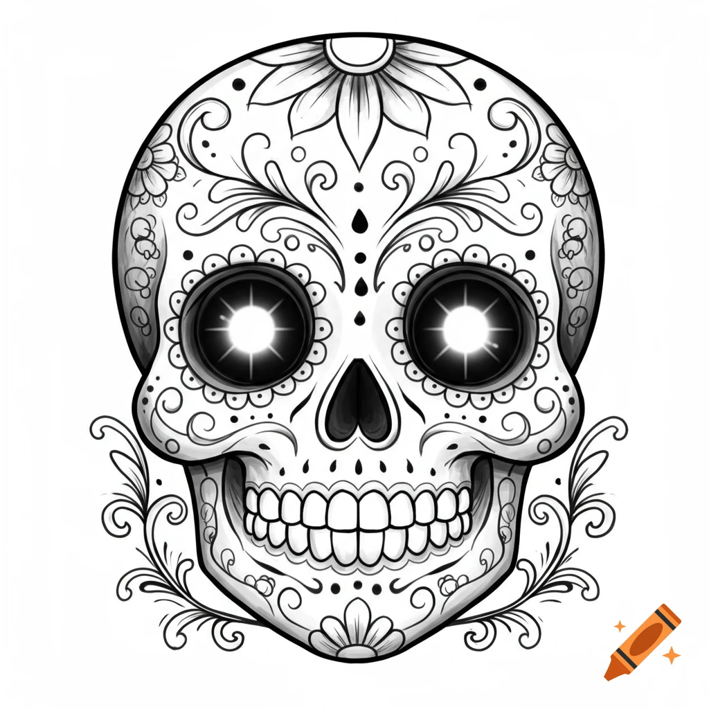 Black and white sugar skull with intricate floral patterns and sparkling eyes, designed in a tattoo style.