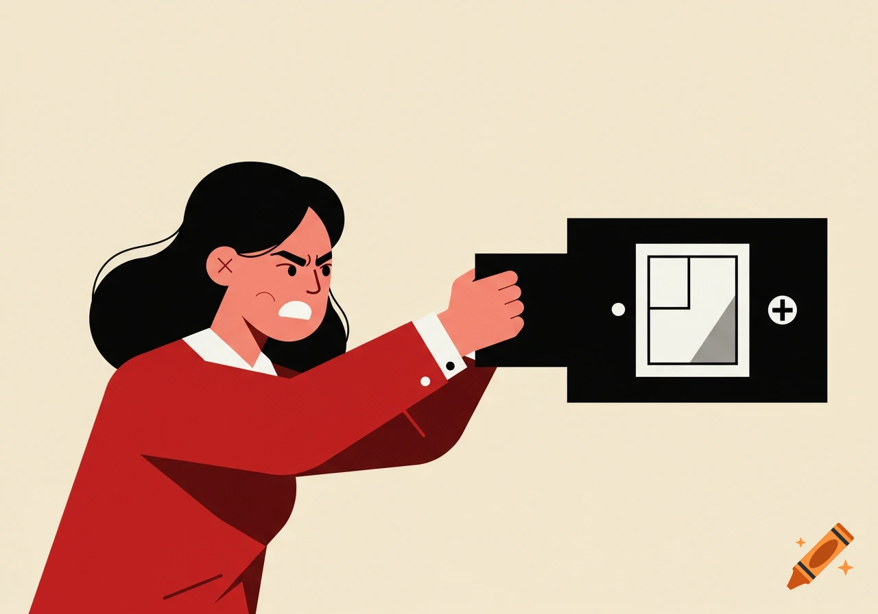 An angry woman in a red shirt pulls a large black switch with symbols on it. Flat illustration style.