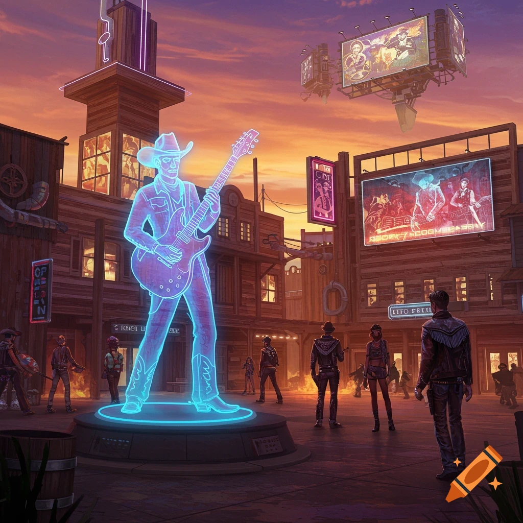 A holographic cowboy guitarist statue glows neon blue in the center of a futuristic western town at sunset, surrounded by pedestrians and neon-lit signs.