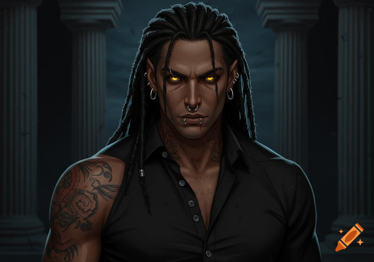An intimidating male character with dreadlocks, glowing yellow eyes, facial scars, piercings, and tattoos on his arm and neck, against a dark, columned background in a digital art style.