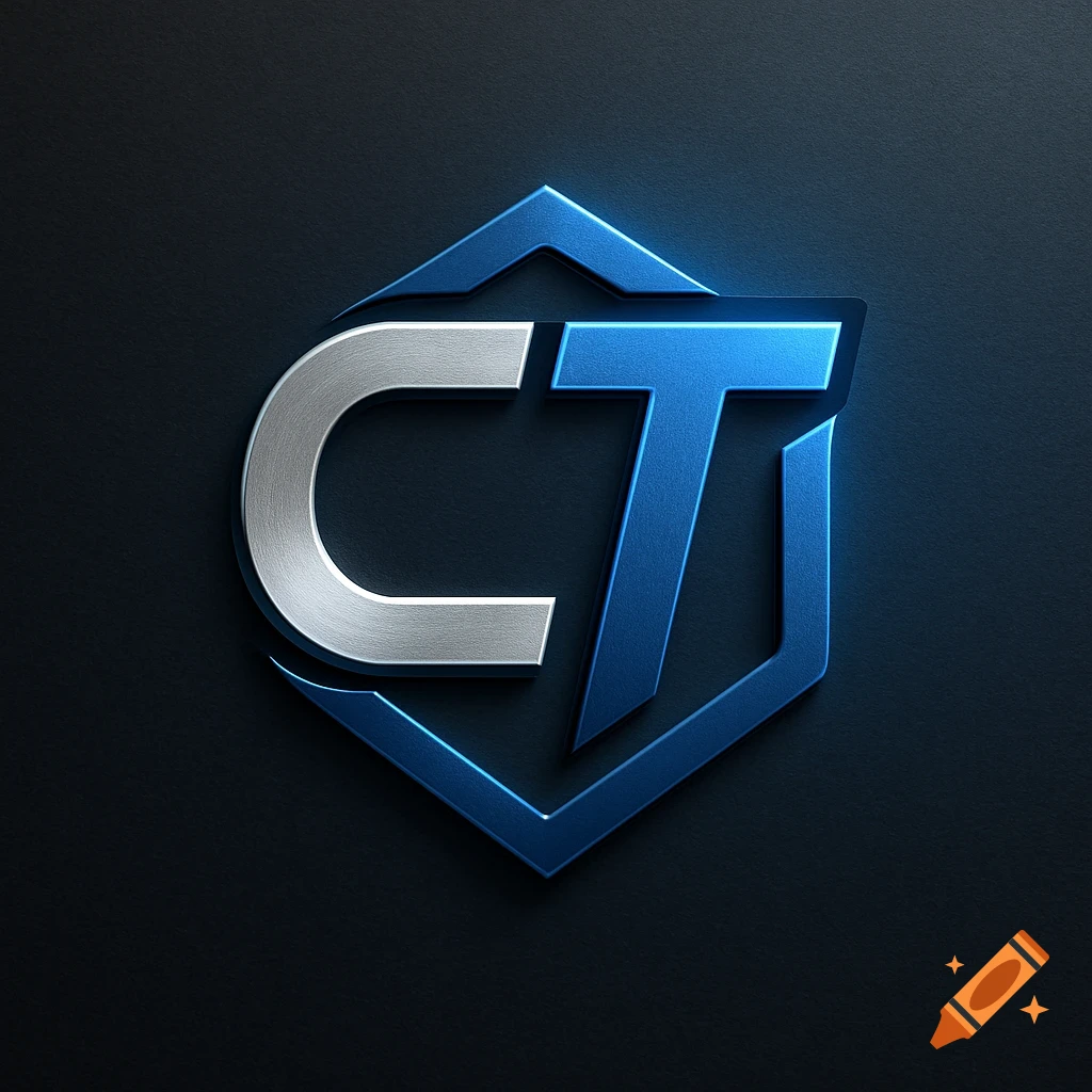 Metallic silver 'C' and blue 'T' letters forming a geometric logo with glowing blue outlines on a dark background.