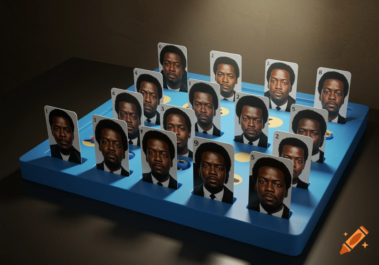 A board game resembling 'Guess Who?' with multiple cards, each displaying the face of Marcellus Wallace from Pulp Fiction.