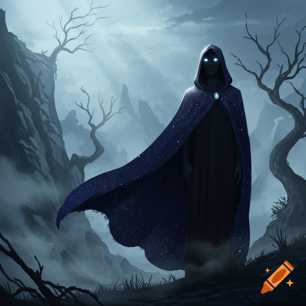 A cloaked figure with glowing blue eyes stands in a dark, misty fantasy landscape with bare trees and mountains.