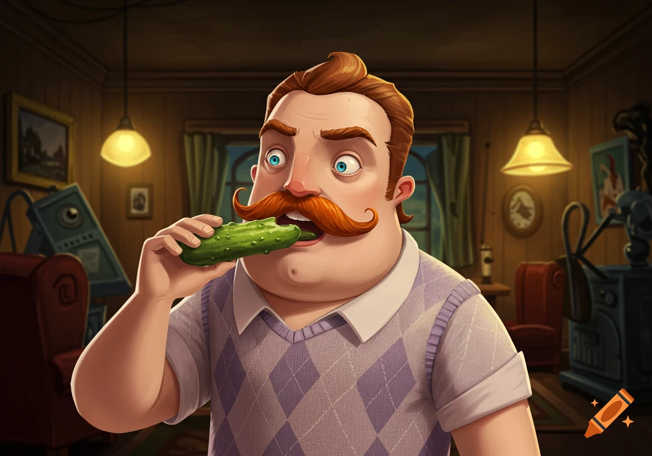 A cartoon man with an orange mustache and surprised expression bites into a green pickle in a dimly lit room.