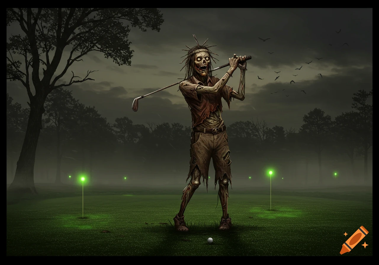 A stylized illustration of a skeletal zombie dressed in ragged clothes, holding a golf club on a dark, misty golf course with glowing green markers and silhouetted trees.