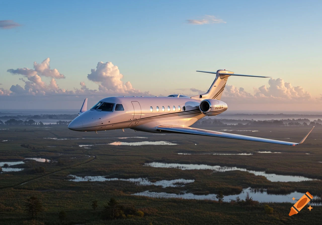 A private jet with registration N703BW flying low over a green marshland with water bodies at sunset under a partly cloudy sky.