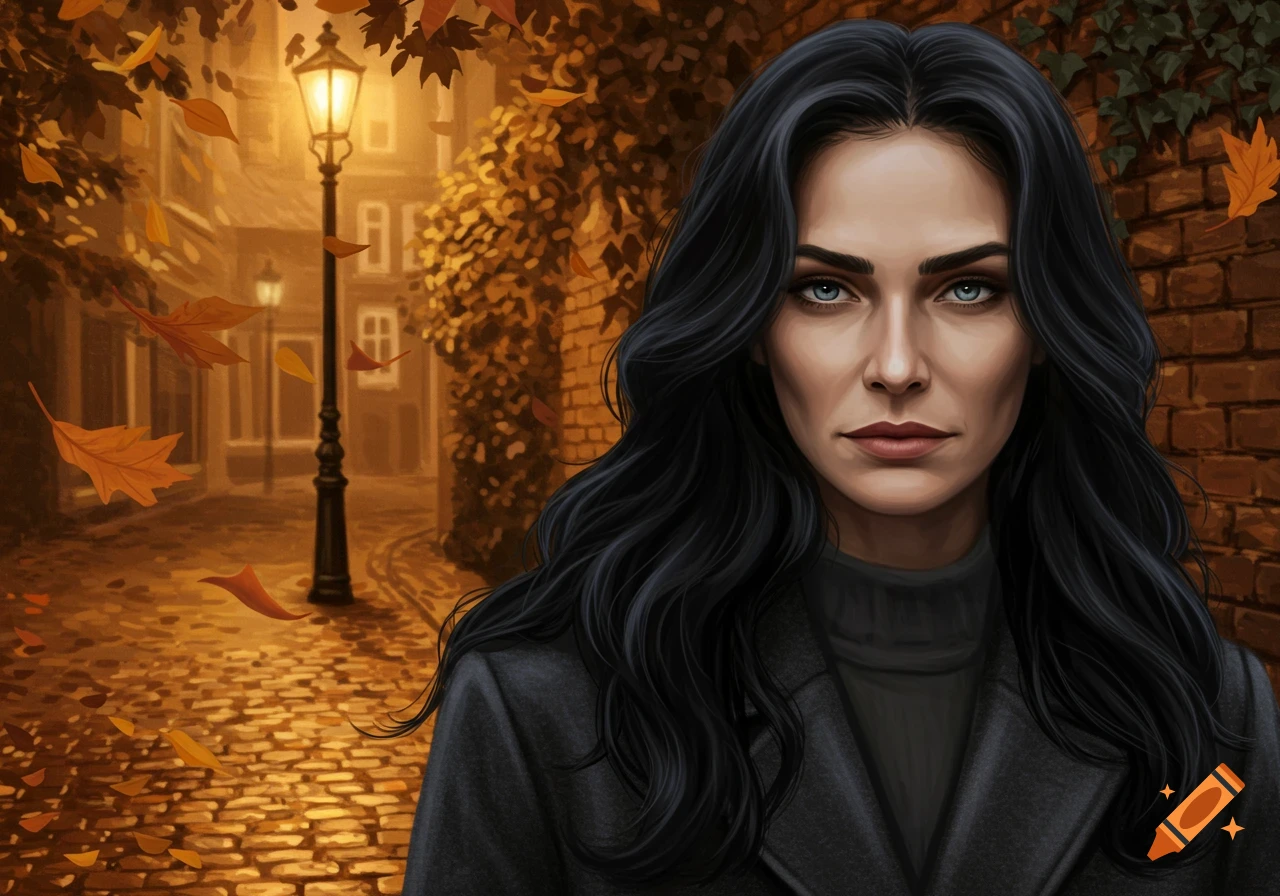 A woman with long black hair and piercing blue eyes stands on a cobblestone street with falling autumn leaves and a lit lamppost.