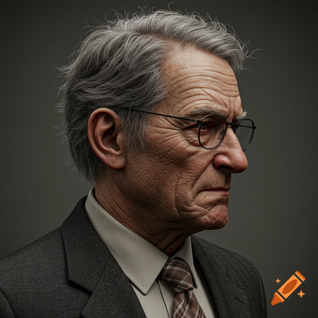 Photorealistic profile of an older man with grey hair and glasses, wearing a suit, looking unpleasant.