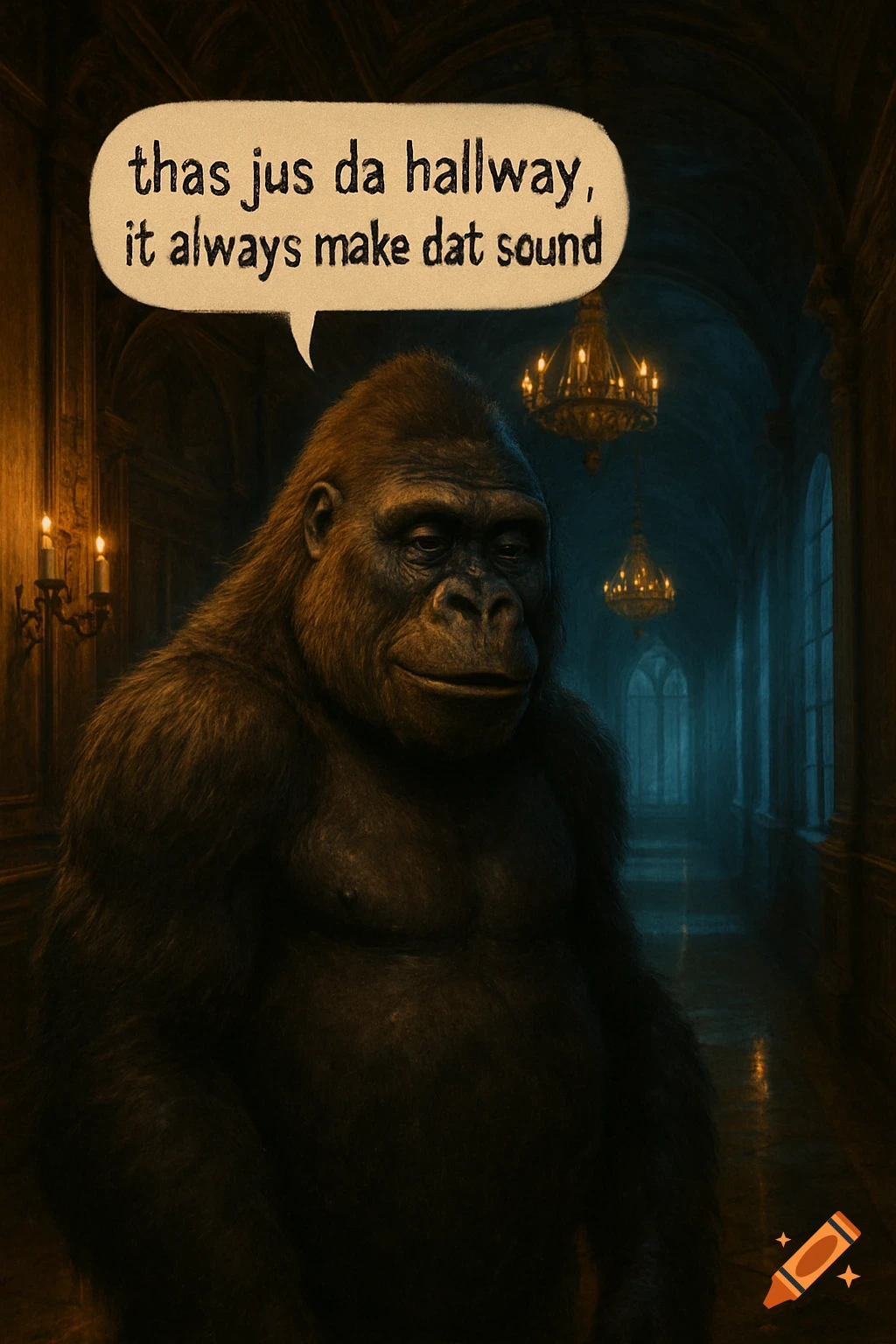 A photorealistic gorilla in a dark, grand hallway with chandeliers. A speech bubble above its head reads 'thas jus da hallway, it always make dat sound'.