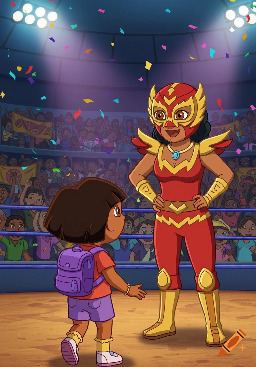 Dora the Explorer meets a female masked luchador champion in a wrestling arena filled with cheering fans, cartoon style.