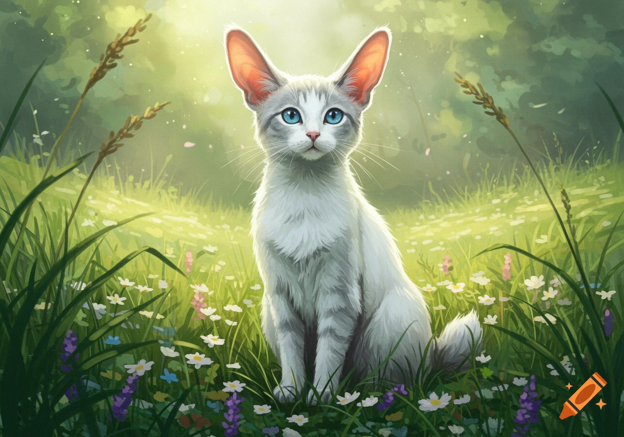 A white and gray cat with large ears and blue eyes sits in a sunlit field of green grass and wildflowers.