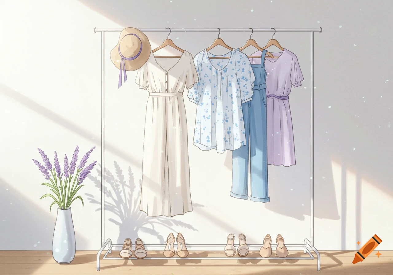 An anime-style wardrobe featuring a white dress, blue floral top, blue overalls, and lavender dress on a rack, with shoes and a straw hat. Lavender flowers in a vase and sunlight stream in.