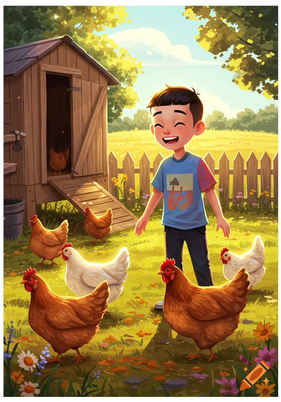 A happy boy laughs amidst chickens on a sunny farm next to a chicken coop in a bright cartoon style.