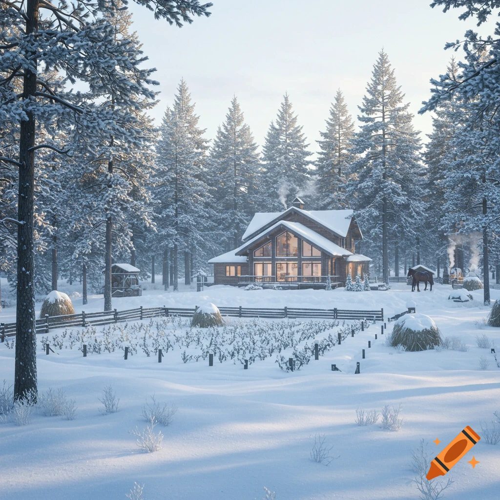 A cozy wooden cabin nestled in a snow-covered forest with a fenced farm, hay bales, and a horse nearby. Photorealistic style.
