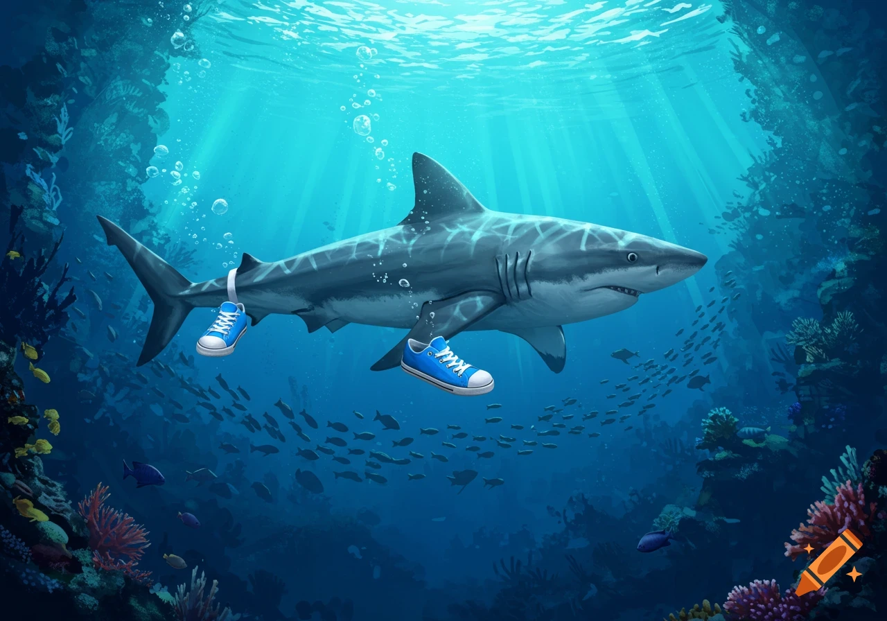 A photorealistic shark wearing blue high-top sneakers swims through a vibrant underwater coral reef scene.