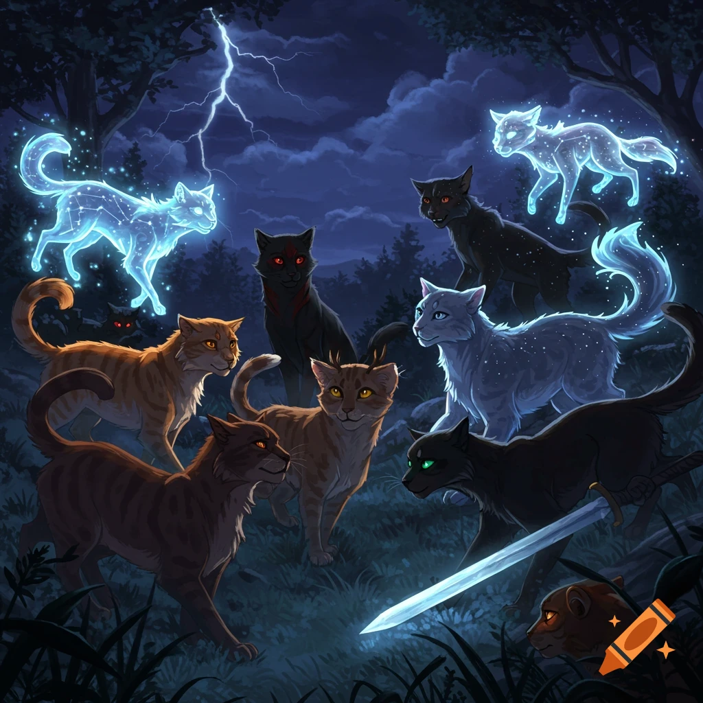Several stylized warrior cats, some glowing, gather in a dark forest at night with a lightning bolt striking in the sky. One black cat holds a glowing sword.