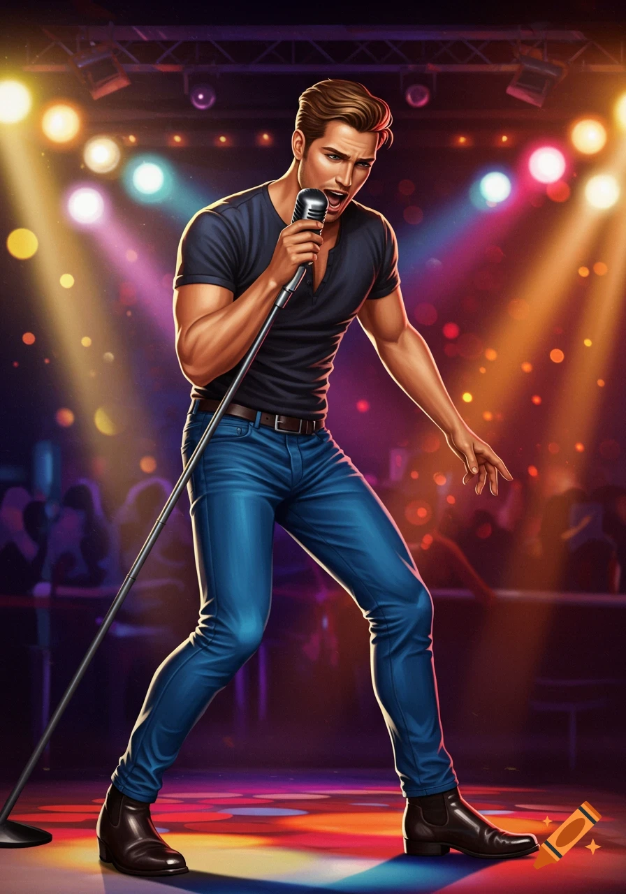 A male singer in a black shirt and blue jeans, holding a microphone on a stage with colorful spotlights.