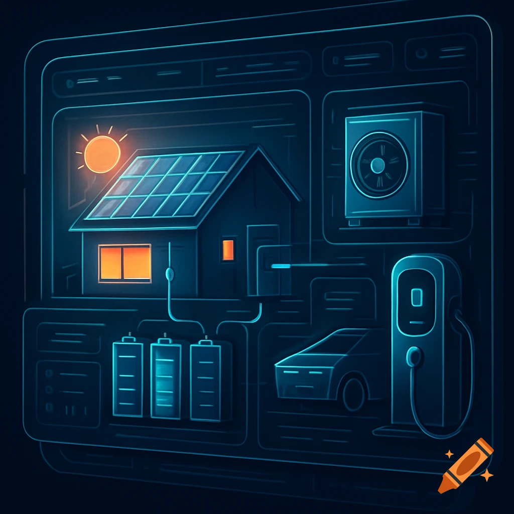 Stylized blue diagram of a smart home energy system with solar panels, house, heat pump, EV, charger, and batteries.