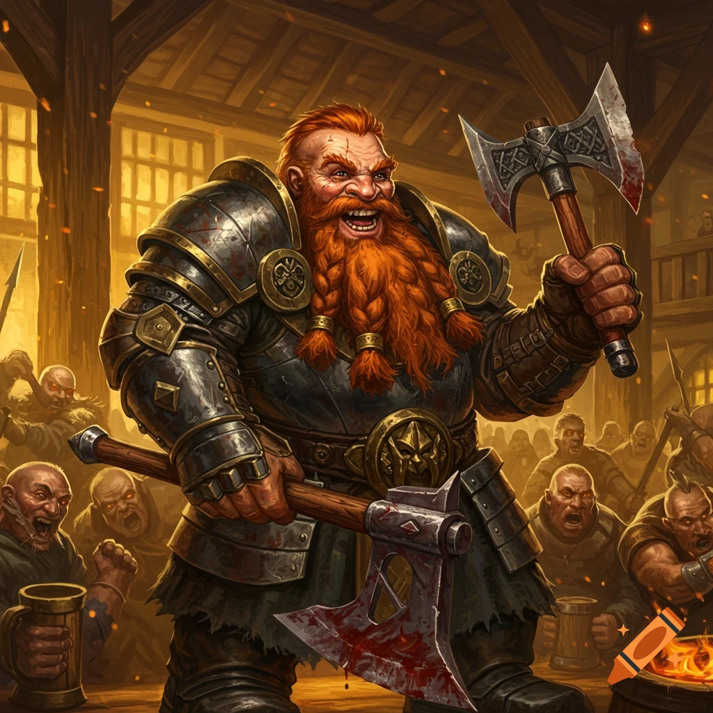 A fierce dwarf warrior with a braided red beard laughs, holding a bloodied axe in a lively mead hall surrounded by other warriors.