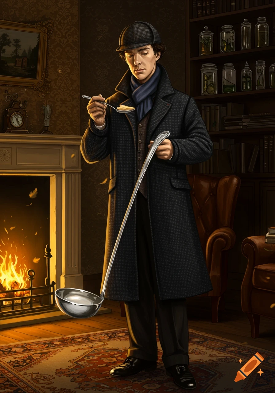 Sherlock Holmes holds a long soup ladle and tastes from a spoon in a dimly lit study with a fireplace and bookshelves.