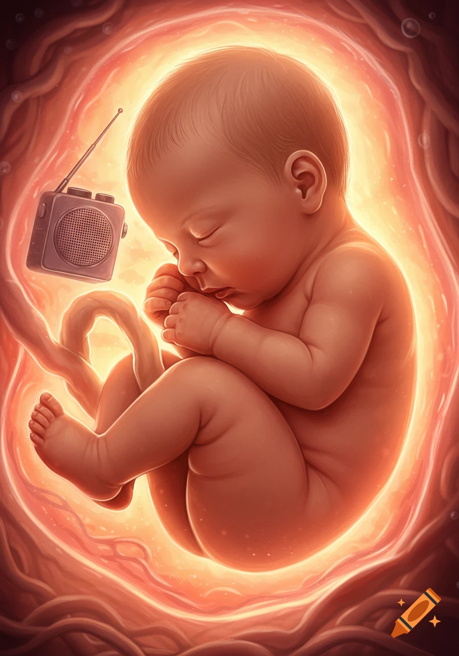 Photorealistic image of a sleeping baby in a glowing womb with a vintage radio floating nearby.