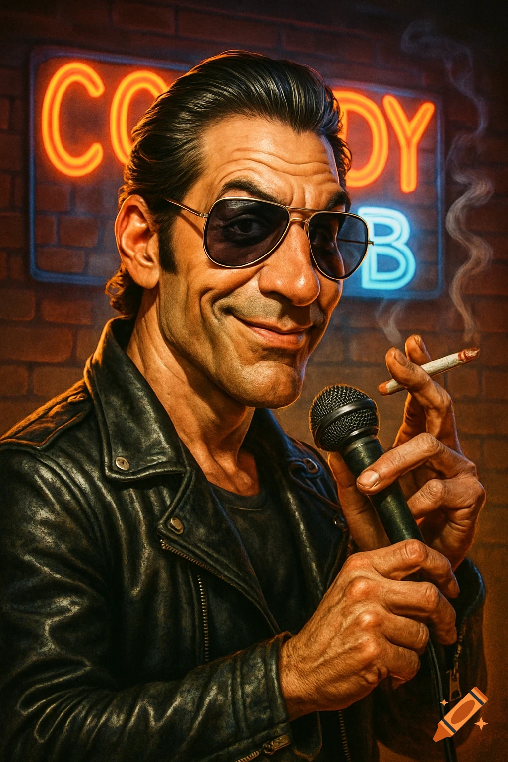 A brash male comedian with slicked-back hair, sunglasses, and a leather jacket holds a microphone and cigarette in a retro comedy club.