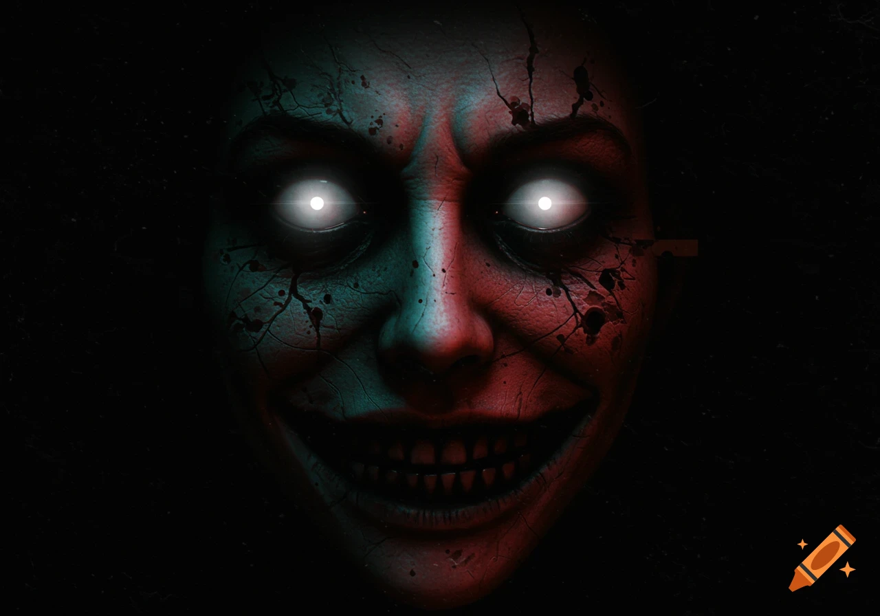 A cracked, unsettling horror face with glowing white eyes and a wide, toothy grin, lit by red and teal light on a dark background.