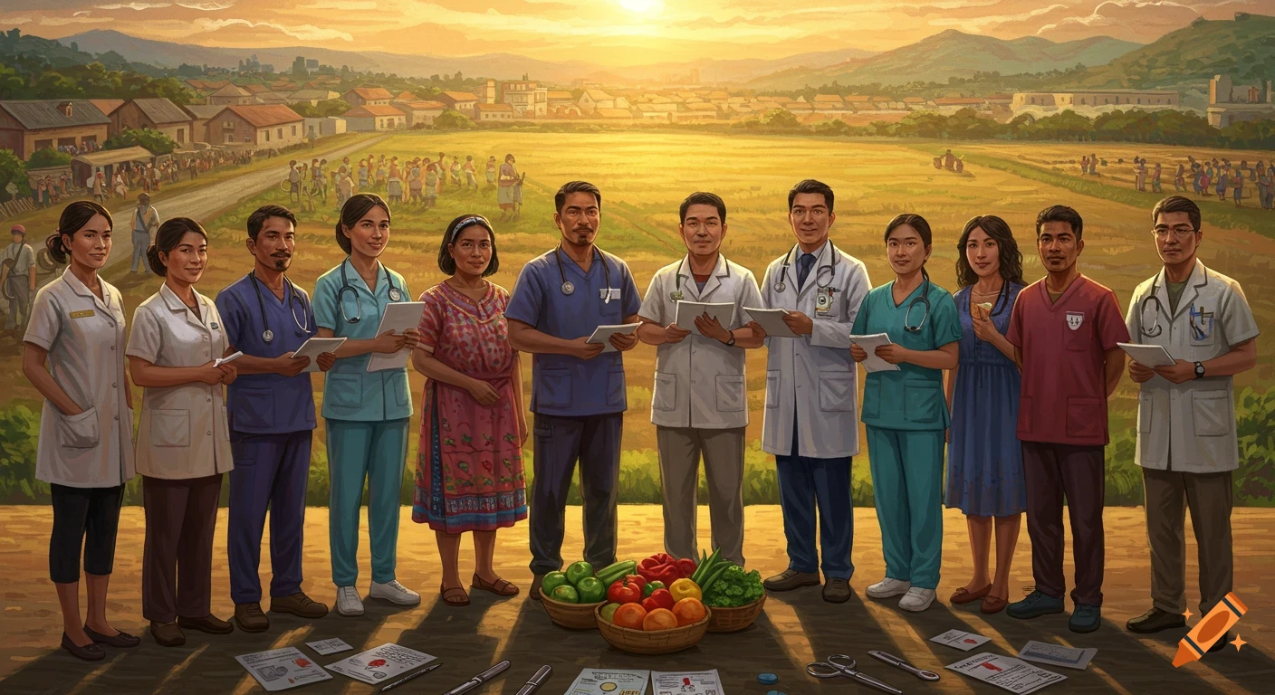 A diverse group of healthcare workers stands in a rural landscape at sunset, with fields and villages in the background.