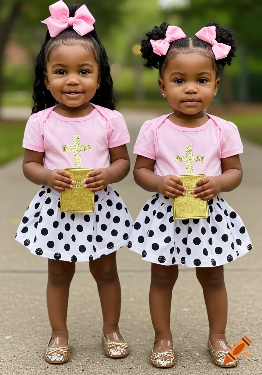 Photorealistic image of two African American twin baby girls in pink tops and polka dot skirts, holding gold bibles.