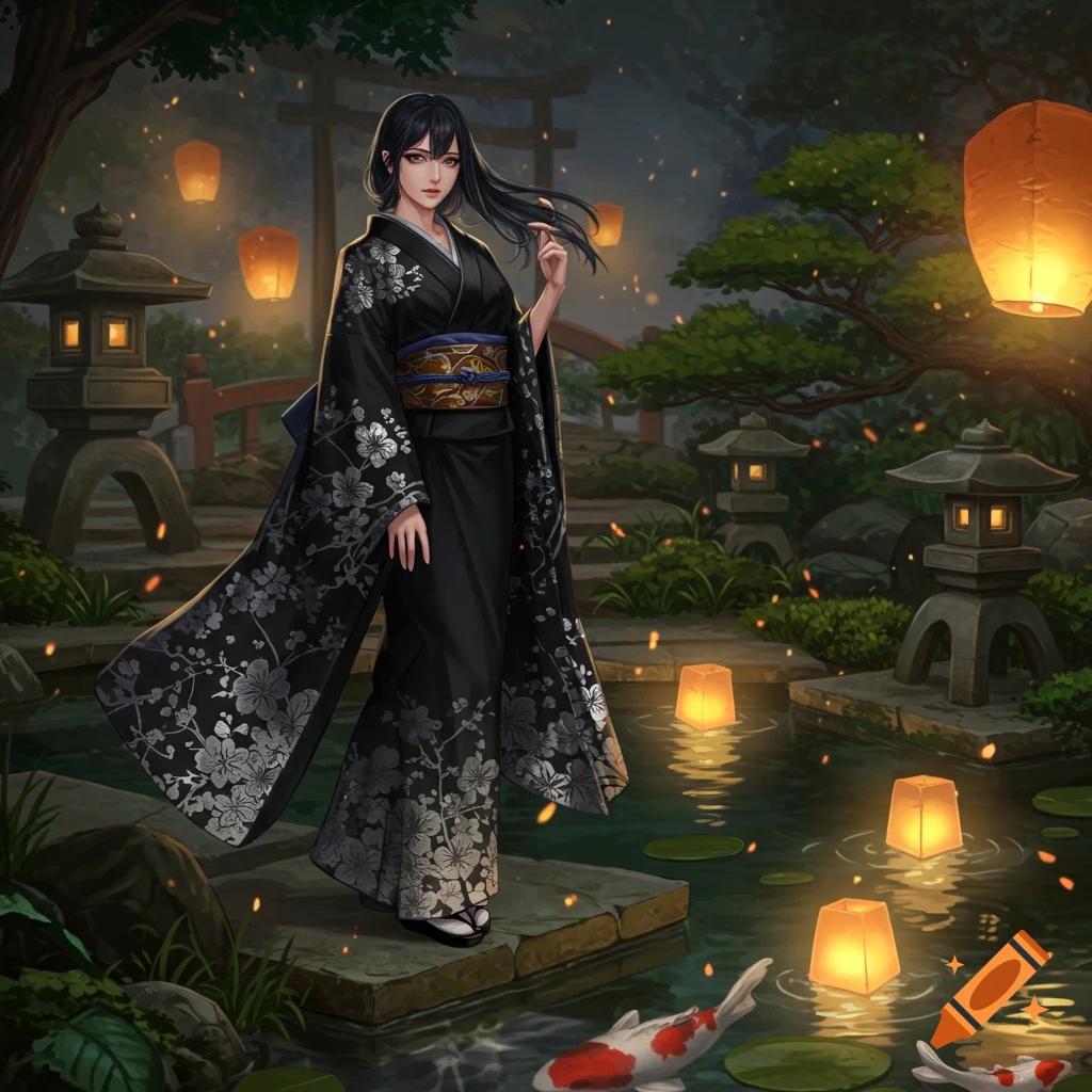 Anime woman in a black kimono with silver floral patterns stands in a moonlit Japanese garden with lanterns and koi fish.