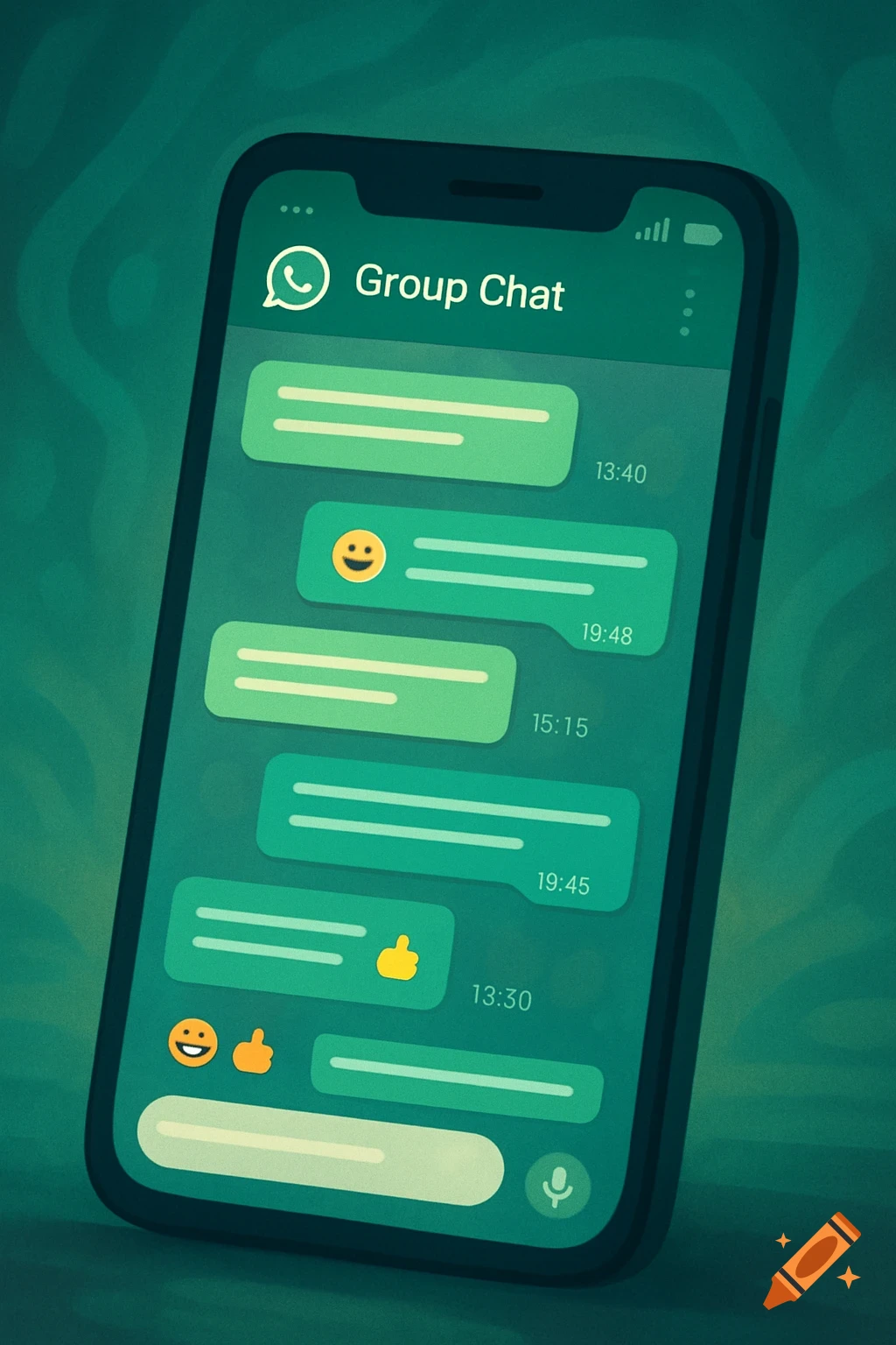 Stylized smartphone displaying a green WhatsApp group chat screen with chat bubbles, timestamps, and emojis.