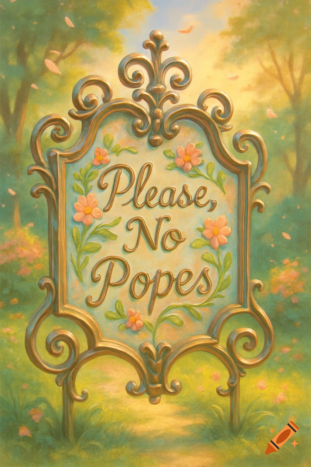 An ornate, whimsical sign with gold scrolling, saying 'Please, No Popes', stands in a sunlit, blooming garden.