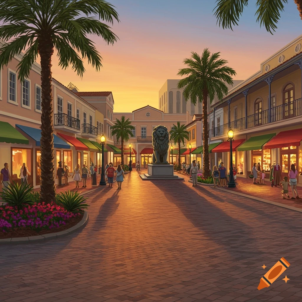 A vibrant, stylized street scene at sunset, with a lion statue, palm trees, and people strolling past shops in golden light.