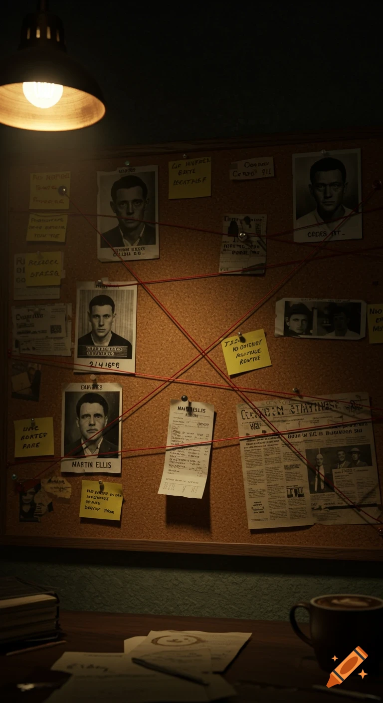 A dimly lit corkboard filled with interconnected evidence including black-and-white mugshots, red string, sticky notes, and newspaper clippings, creating a film noir atmosphere.