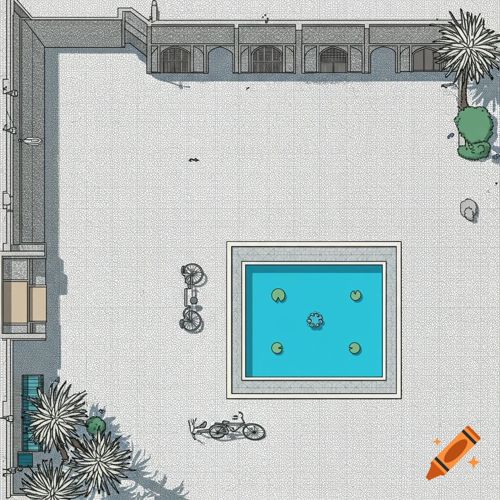 A minimalist, top-down line art illustration of a traditional Iranian square with a blue pond, palm trees, and a parked bicycle.