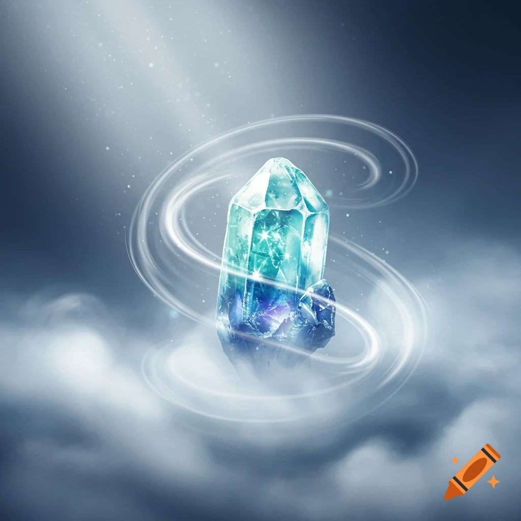 A vibrant blue and green crystal surrounded by swirling light and fog, set against a dark, misty background.