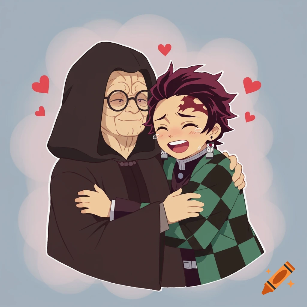 Anime style drawing of Emperor Palpatine with glasses hugging a very happy Tanjiro Kamado, with hearts floating around them.