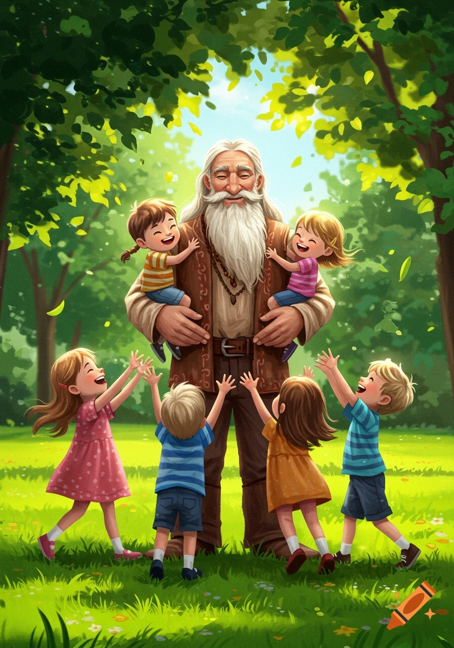 A cheerful illustration of an old man with a long beard holding two children, surrounded by three more children reaching for him in a sunny park.