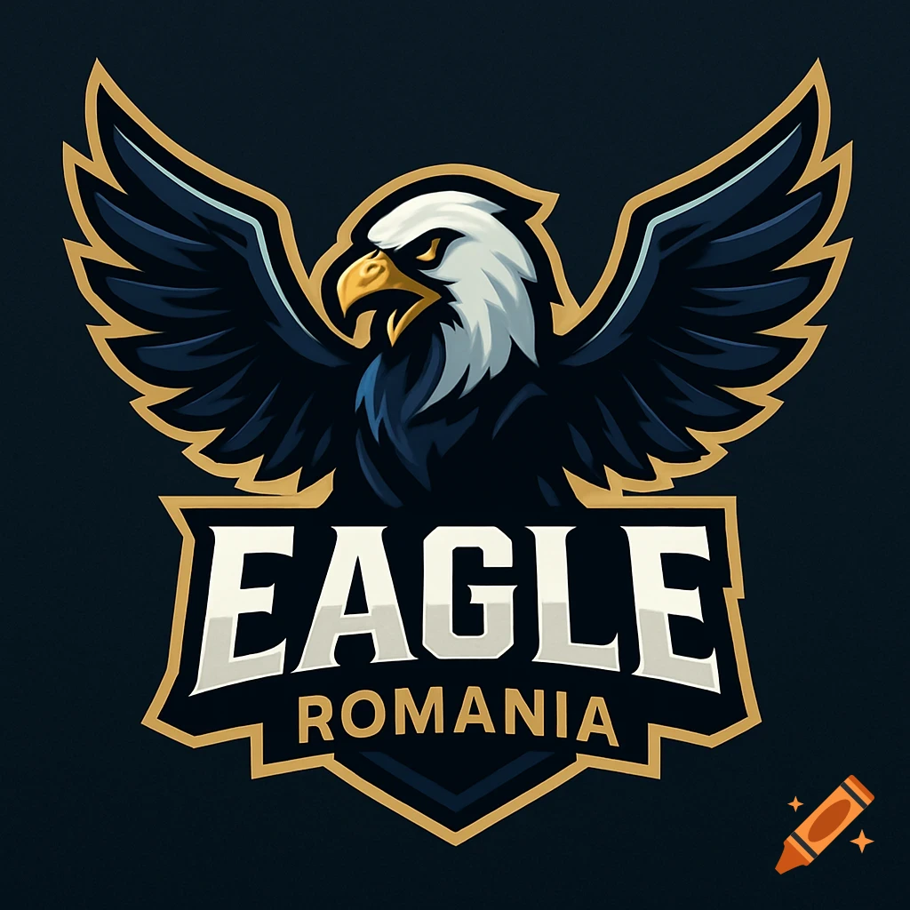 A fierce esports logo featuring a blue and gold eagle with spread wings above the words EAGLE ROMANIA.