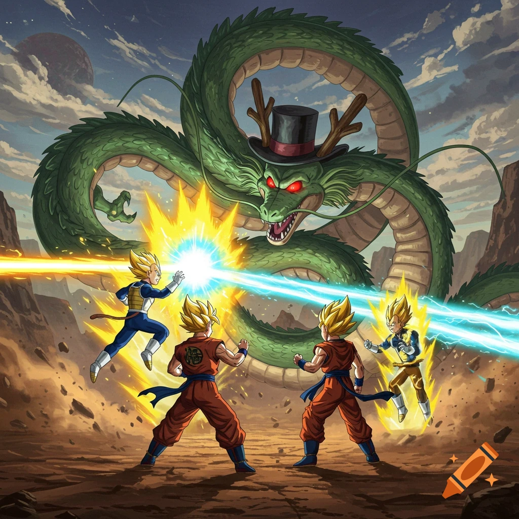 An anime-style image depicting Super Saiyan Goku and Vegeta fighting a large green dragon Shenron wearing a top hat, amidst energy blasts in a rocky landscape.