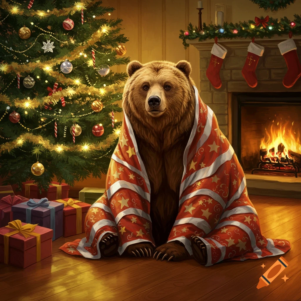 A grizzly bear wrapped in a red and white patterned blanket sits in front of a lit Christmas tree and fireplace with presents.