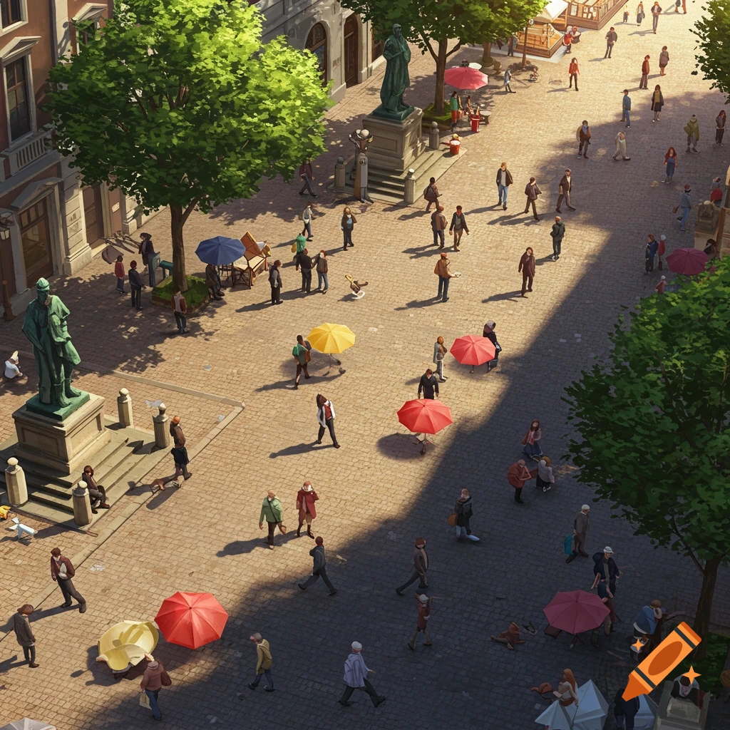 Aerial view illustration of a bustling European-style public square with many people walking, trees, red and yellow umbrellas, and statues.