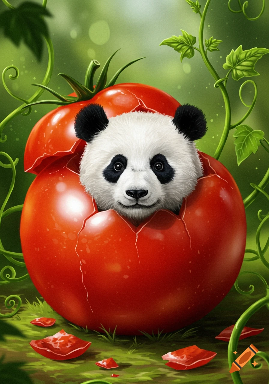 A cute baby panda peeking out of a cracked red tomato, surrounded by green vines and leaves.