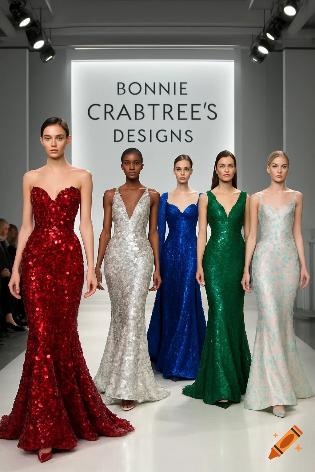 Five models on a runway in sequined gowns of red, silver, blue, green, and light blue, with a 'Bonnie Crabtree's Designs' sign.