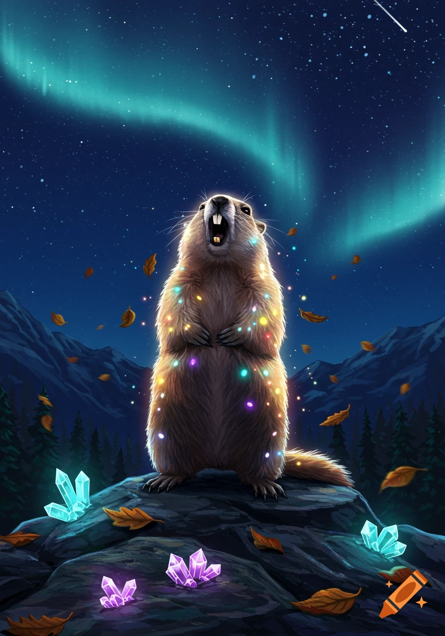 A dramatic marmot, covered in colorful glowing lights, stands on a rock under a vibrant aurora borealis and starry night sky, with glowing crystals nearby.