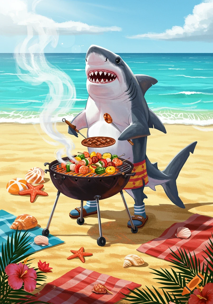 A funny cartoon shark wearing shorts, socks, and sandals, grilling food on a barbecue at a sunny beach.