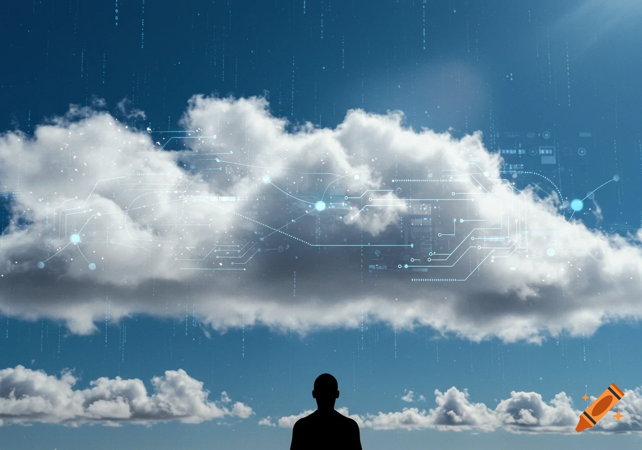 A silhouette of a person looking up at a cloud in the sky, overlaid with glowing digital circuitry and falling binary code.